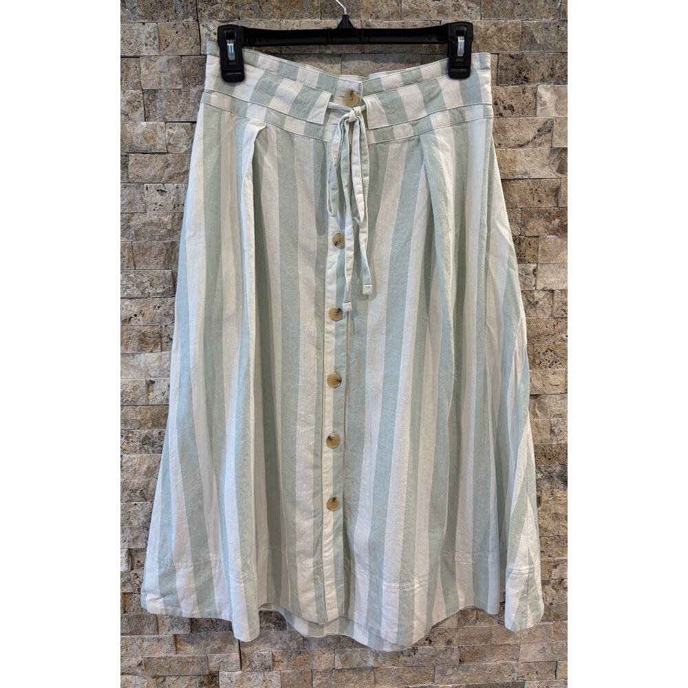A New Day Stripe Midi Skirt Linen Blend Sage Green Button Tie Waist Pockets S